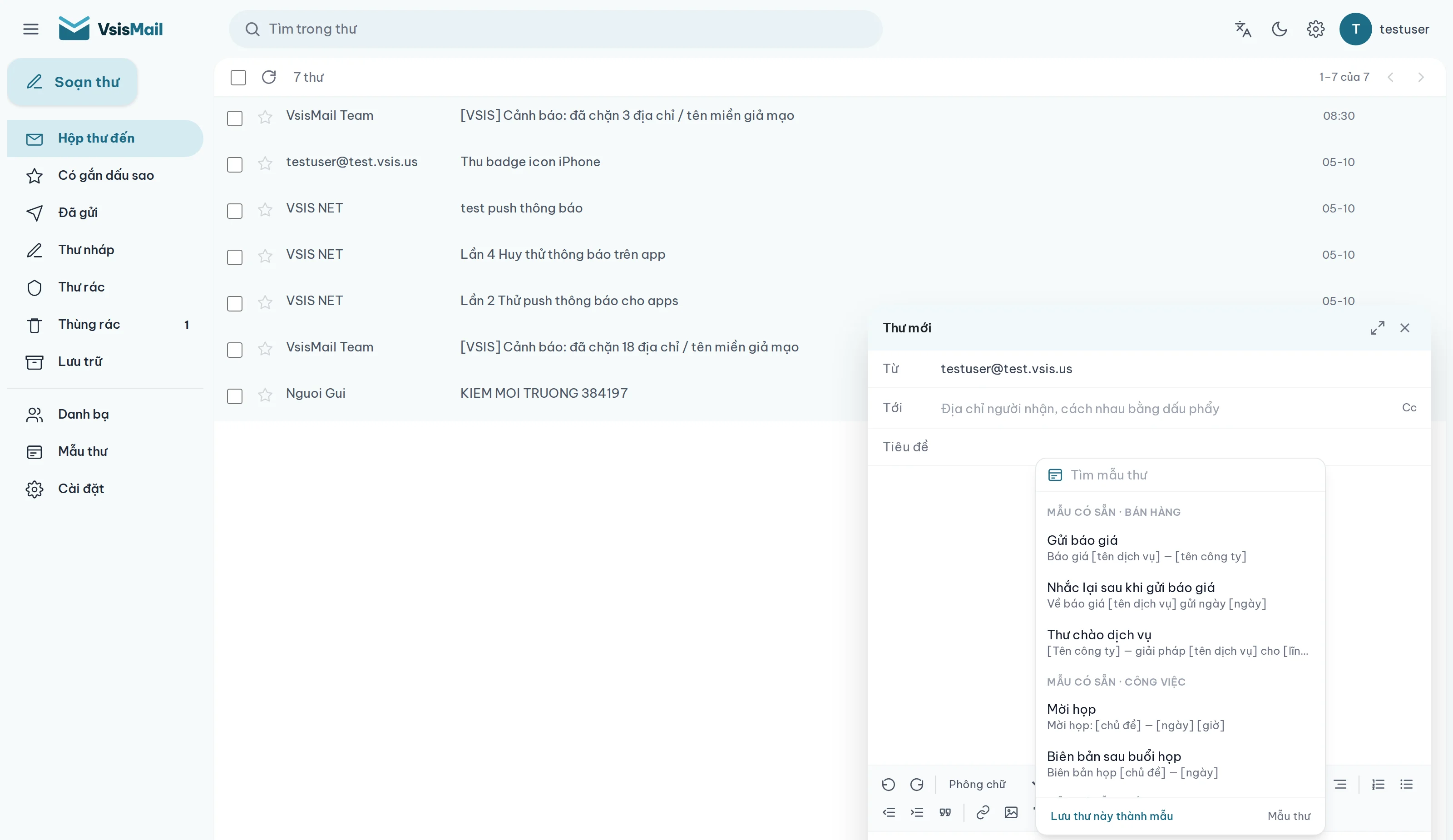 Bảng chọn mẫu thư trong VsisMail