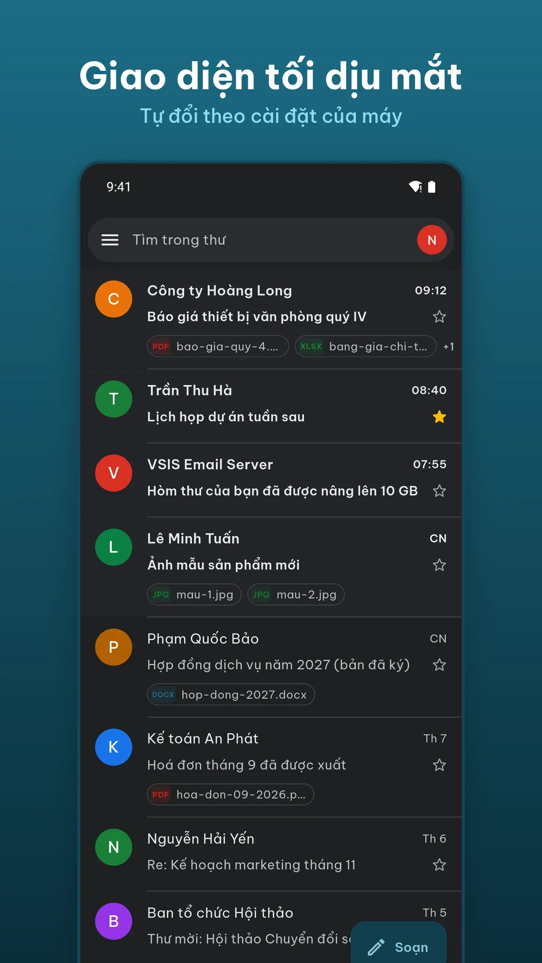 Giao diện tối của ứng dụng VsisMail